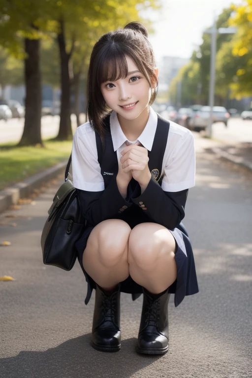 (((masterpiece))), (((highest quality: 1.4))), ((Super Detail: 1.4)) ,ulzzang-6500-v1.1, (RAW Photos:1.2), (Photorealistic),(Genuine: 1.4), (Mastepiece), highest quality, shape, Very detailed, finely, High resolution, 8k wallpaper, 完璧なダイナミックな構shape, Beautiful and detailed, (Plaid vest), , A tough challenge, (Ultra-realistic pantyhose:1.2), Skirt and medium hair,, Natural color lip, Bold sexy pose, Squatting in the park、(A very loving smile:1.2)、23-year-old woman、cute、sexy shot looking at camera, Realistic skin texture、Shiny skin、Exposed thighs!!! (Full Body Shot:1.4), Natural Skin Shader, Volumetric, Warm shades beneath her skin,