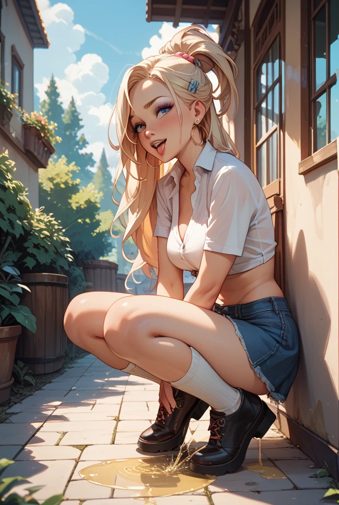 🧝🏼‍♀️,cute girl sitting on a bale of hay, long hair, blonde hair, red patchy plaid shirt, cleavage, small breasts, standing, against hay bale, blue jean shorts, cowboy boots, smiling, blue eyes, hay bale, standing, farm scenery, day time, realistic:1.2, outdoors, red plaid shirt, (skin, realistic:1.2), braided hair, black hair,, (hyper realism:1.3), parted lips