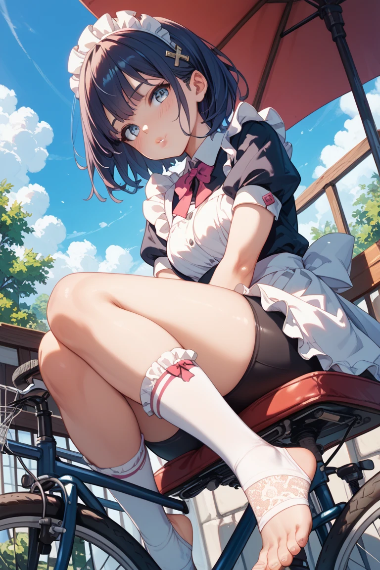 (8K, best quality, master piece: 1.2),ultra-high resolution,1 girl,solo,ultra-detailed face,detailed eyes,brown eyes,eyelash extension,Circular eye area eye shadow,black hair,twintails,Short sleeve frilled pink blouse(pink:1.5),Cold Shoulder,black ribbon tie,Mini skirt with black lace-up ribbons on both sides,Black knee-high socks, platform Mary Janes,expressionless,Sitting on a mountain of waste,holding a can of alcohol in one hand,one free hand between legs,Perfect fingers,Waste treatment plant,from below,Sunrise,(chromatic aberration:1.3),(overlooking:1.3)