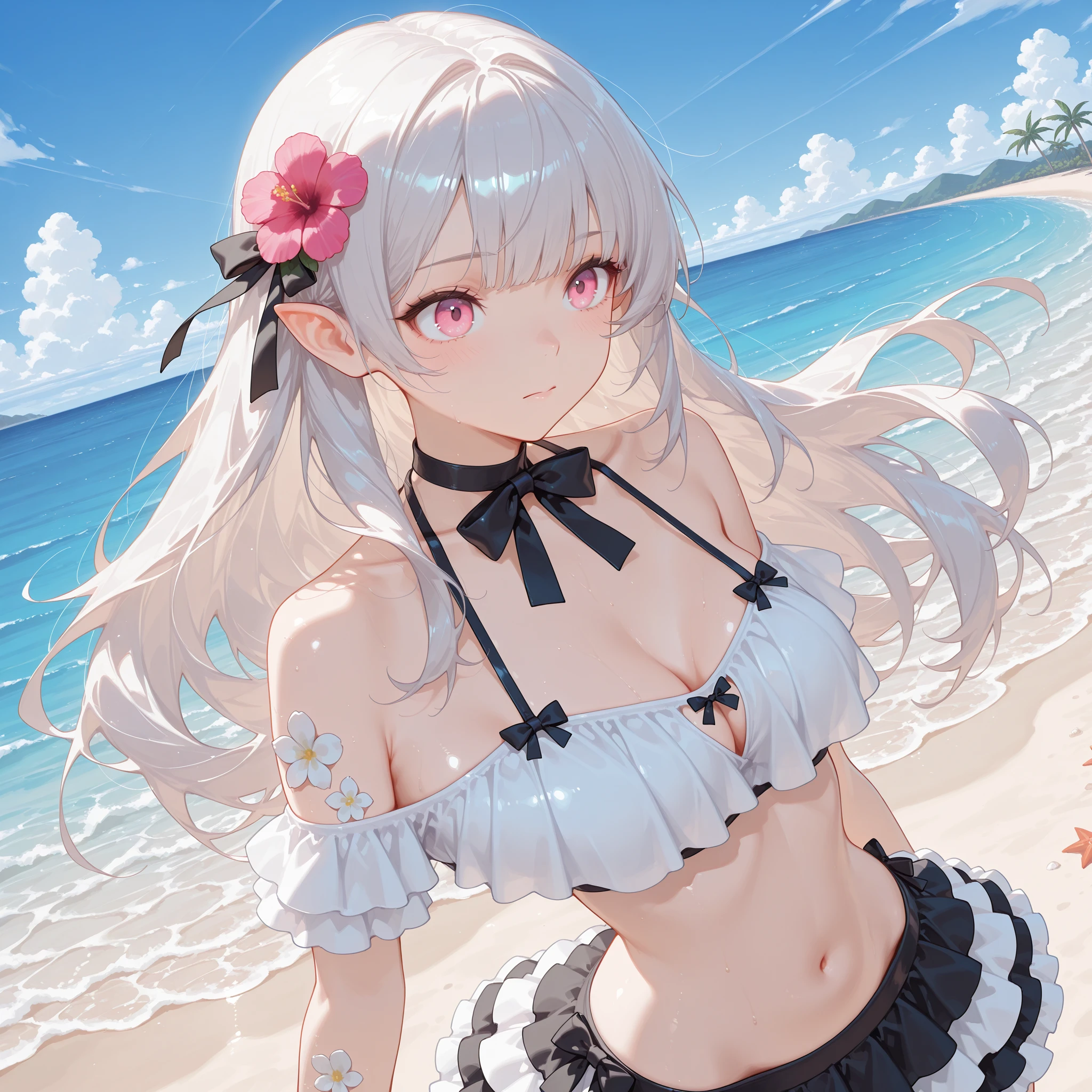 Silver hair, pink eyes, woman, sun and cloud background, red pink clothes, hair bows, happy face, swimsuit, sexy, cat ears, thigh up, laid back