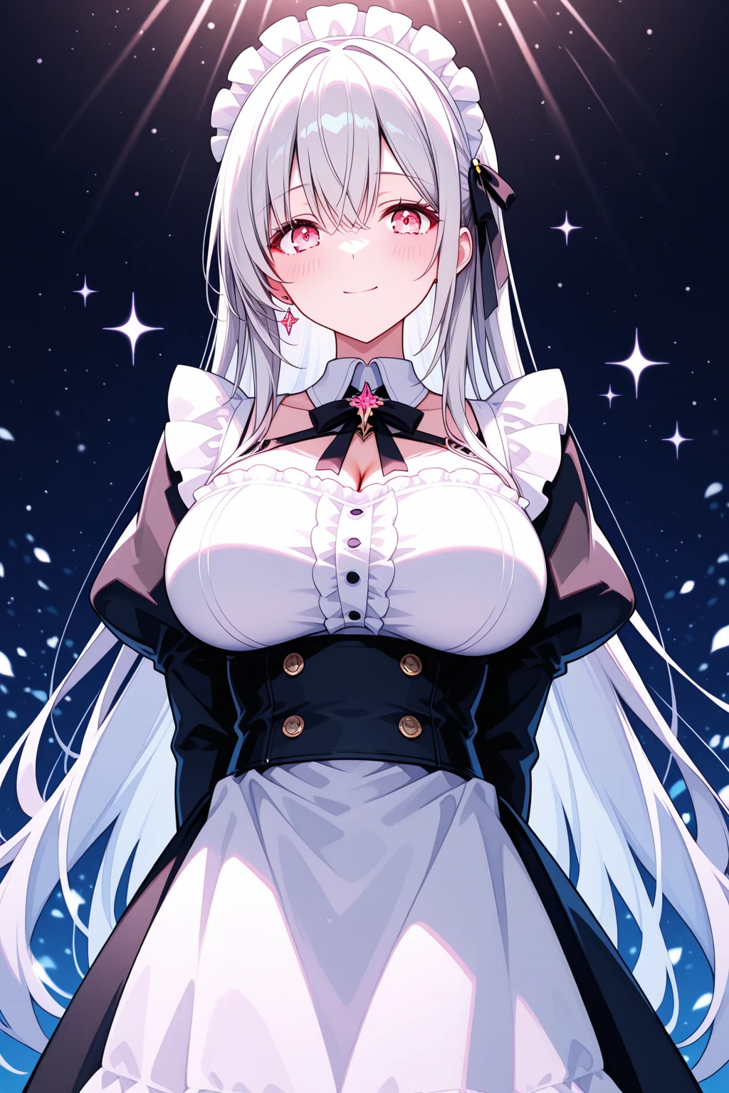 Masterpiece, Top Quality Anime Illustration, Super Detail, One Girl, Solo, Beautiful Girl with Silver Hair, Anime , maid dress, Super Short maid dress, Smile, Bare Skin Lateral Breast, Thigh Focus, Cleavage Emphasis, (white background)