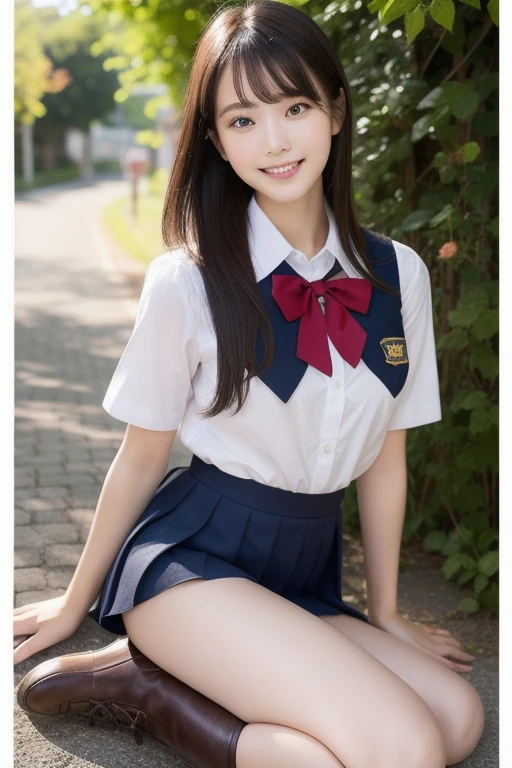masterpiece,Highest quality,High resolution, One girl,From below,(非常に細くてstraight legs)，,(とてもLong legs，straight legs),,High heels,Long legs,Stand on your own two feet, 正面から見たLong legs, Perfect body,have perfect legs,(Exterior)， WZRY Bridge SHZL,One girl, Mature Woman, Cityscape, Displaying the viewer, earphone, Double Tail,White knee socks, See through,Frills, skirt,Ahoge, bow, Collared shirt, trim,