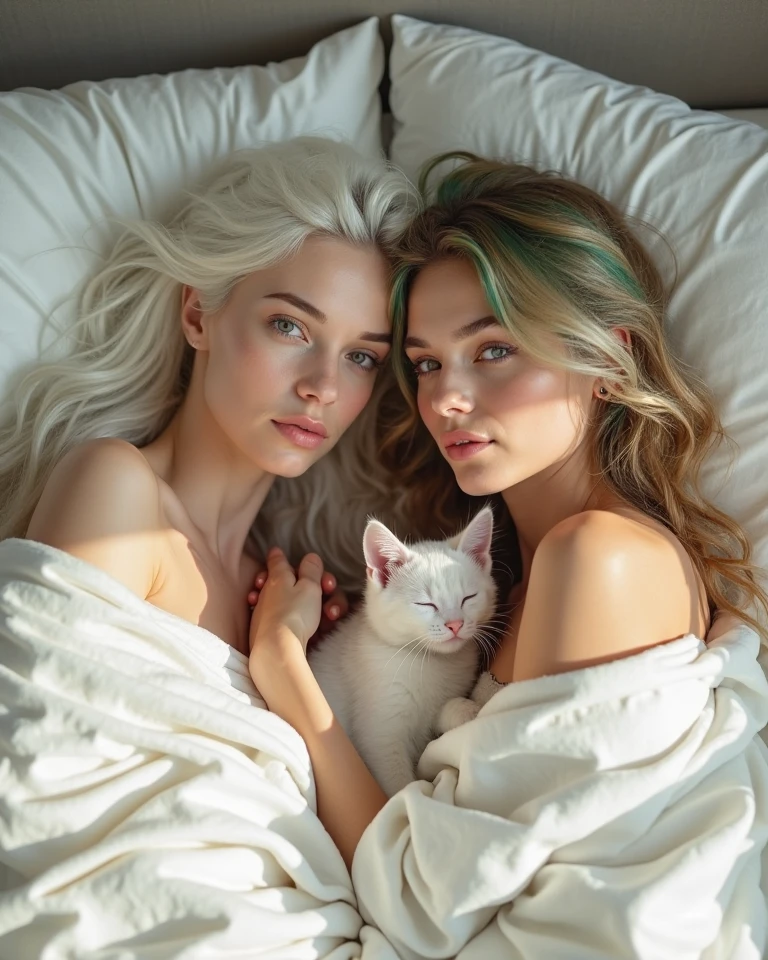 Furry woman with wolf ears, silver fur, she is lying on a bed, and he is looking at you because he likes you a lot.