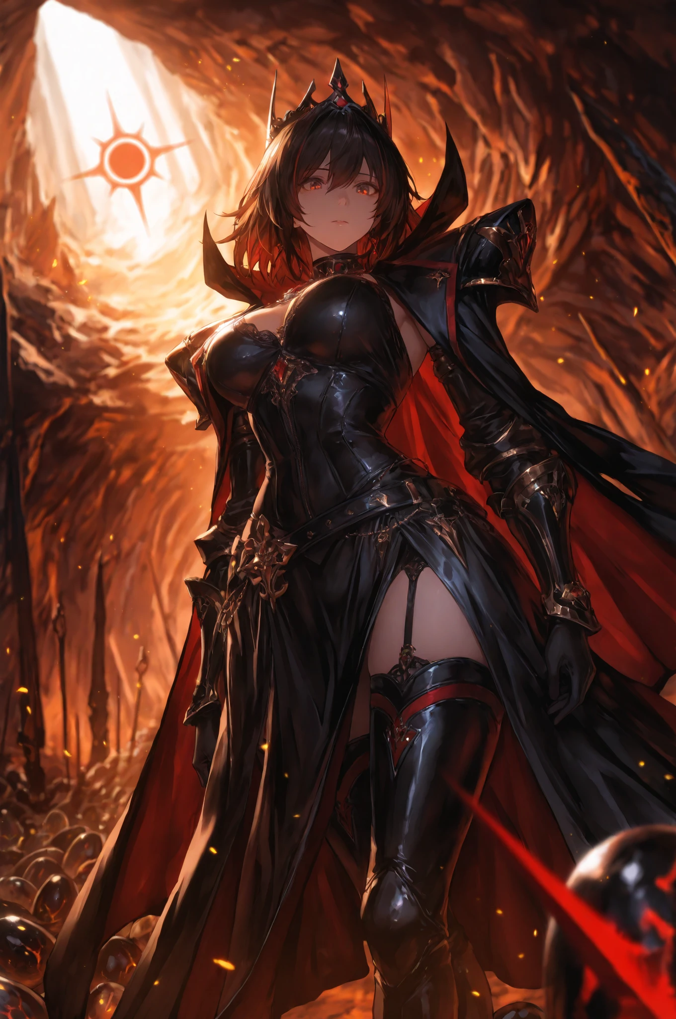 Queen,(Sexy women),Dark Abyss, ,Black cloak,Crown of thorns,Broken clothes,Thorn rose,Broken tombstones,Candle,Dark atmosphere,wasteland,only one person,night,Blue Ghost Fire