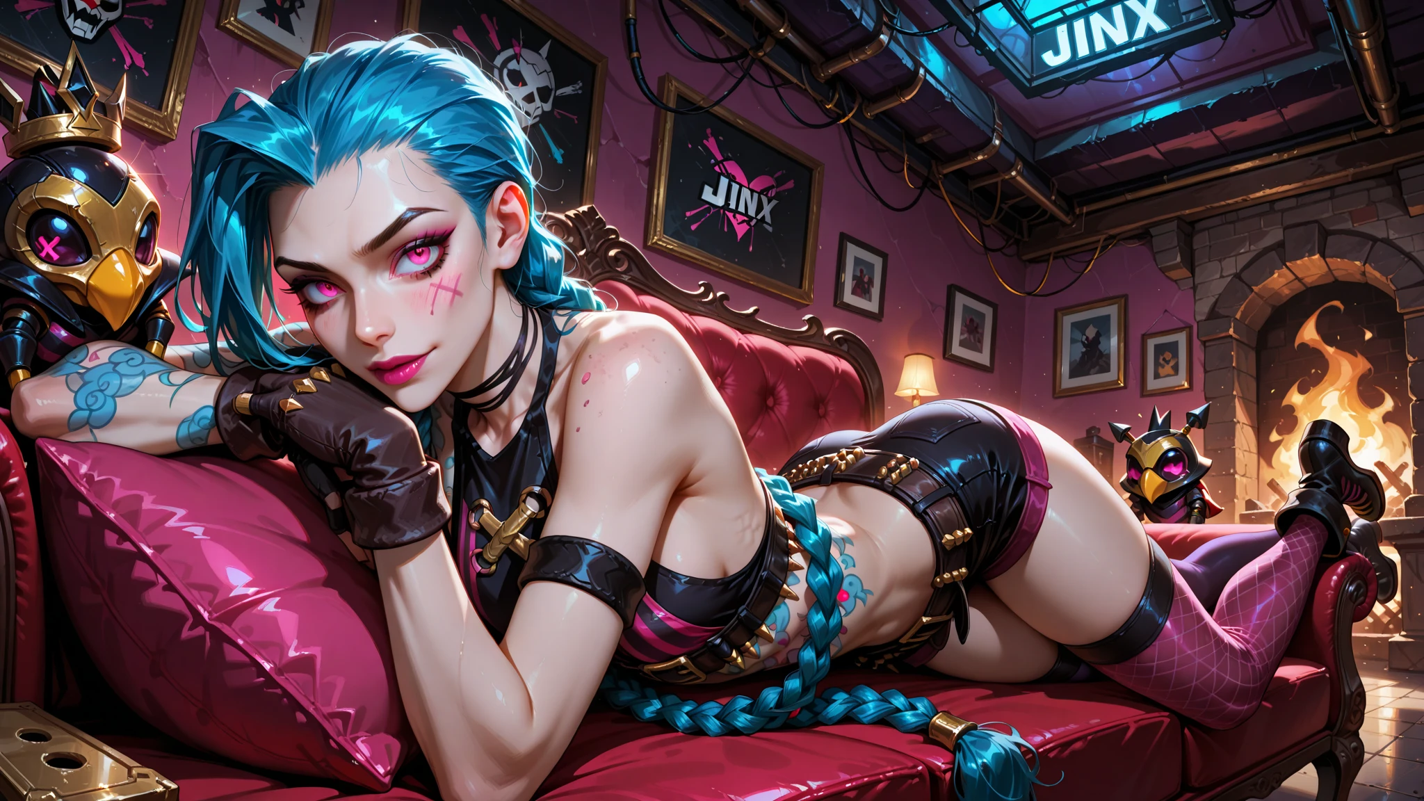 ((best quality)), ((masterpiece)), (detailed), goblin girl, (green skin), purple hair, shortstack, glasses, romantic lighting, legs up on a table, wearing underwear, sitting cross legged in chair, holding a game controller, playing video games, legs elevated, game controller in hand, 2 in the morning, working all night, hot night, night outside, warm, sweaty, working hard, holding an xbox controller