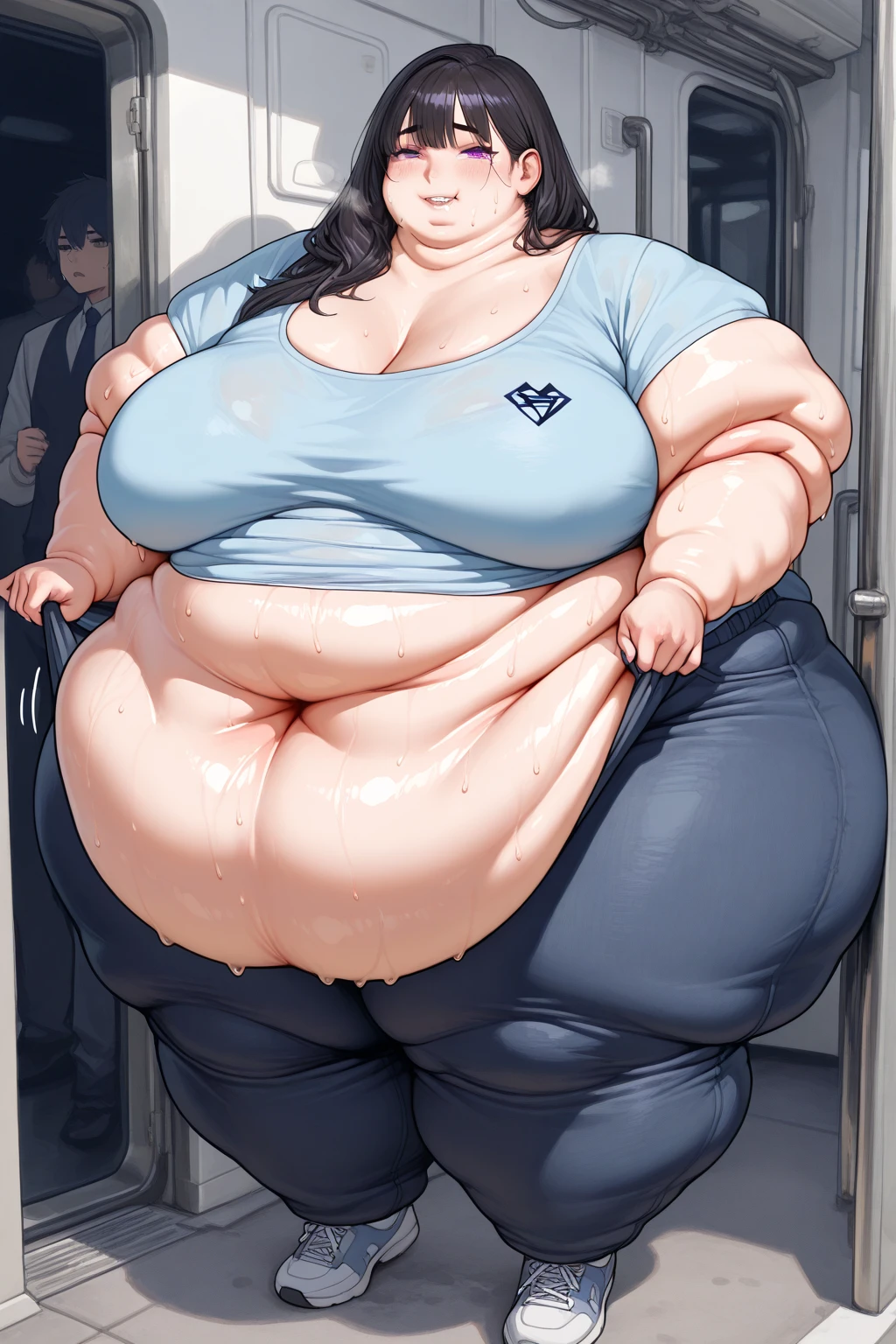 score_9, score_8_superior, score_7_superior, score_6_superior, sauce_anime, Low - Angle, From below, One girl, 1人のmaleの子, duo, big_female, small_male, size_difference, Are standing, Looking down, Look forward, obesity, break, Eating large amounts of food, Blonde, Huge breasts, massive legs, Huge Ass, Huge body