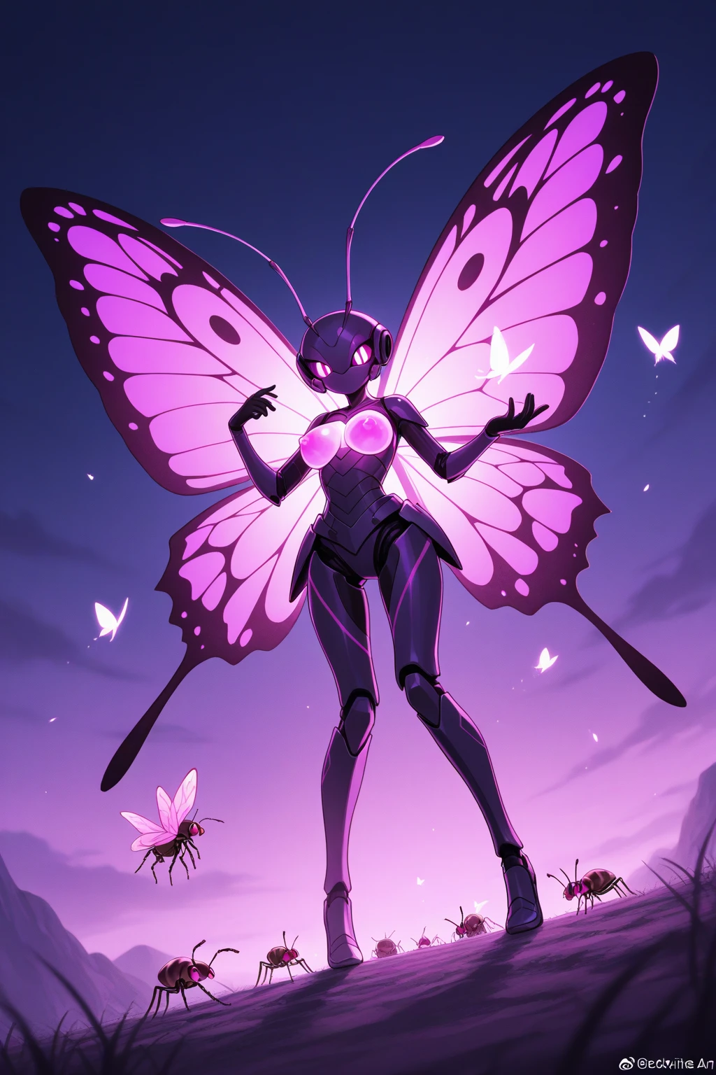 Kochou Shinobu as a Digimon, 1girl,masterpiece, multicolored hair, long sleeves, purple eyes, Insect , fairy ,Butterfly like, digimon\(creature\),((Purple Skin)), Butterfly wing, Insectoid arms ((,insect limbs))