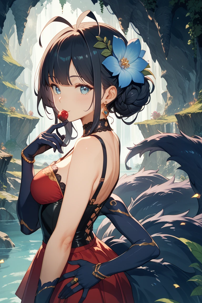 mature woman, 1girl, (masterpiece, best quality, highly detailed), sharp focus, highly detailed face, face focus, highly detailed eyes, long hair, crown braid, shoulder length hair, (purple hair: 1.3), purple eyes, ( sparkling eyes: 1.2), long eyelashes, (strong blush, drunk: 1.2), delicate makeup, large breasts, ((pink-white, intricate dress, bare shoulders, cleavage)), ((darkness, holding a diamond shard, exploration, bamboo shoot background, grass, green particles around, calm lake, cherry blossom background, breeze)), cinematic lighting, edge lightning, ray tracing, shading, dynamic angle, full length image, walks, mermaid, colorful mermaid tail, beautiful white scales, marine wearing shell-inspired jewelry, vivid white and purple striped tail, swimming in clear tropical island waters, fantasy theme, (((mermaid and lady fusion: 1.4))、((dynamic angle: 1.2))、( (full body)), graceful body, thin figure, long thin fin, white fin,