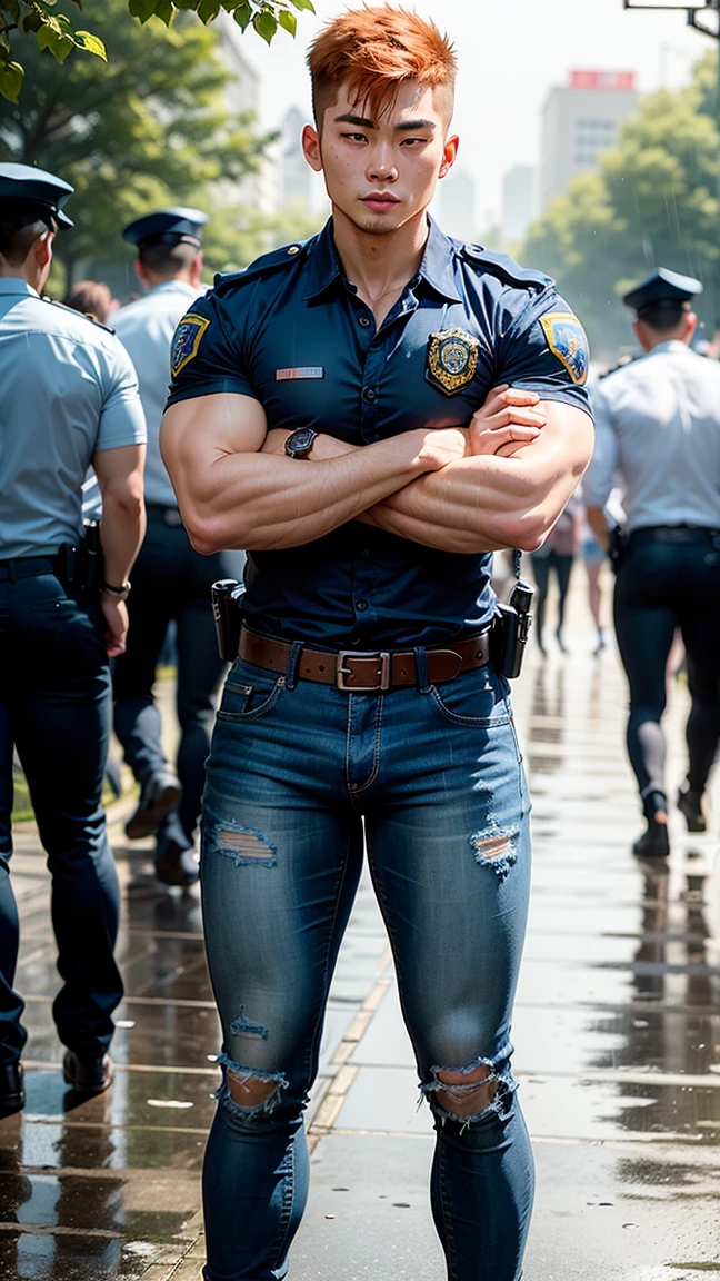Muscular policeman 25 years old bare chest in shorts in the  police car 