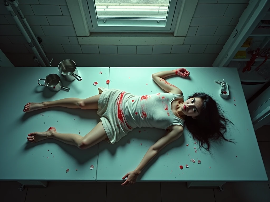 (photorealism:1.2), beautiful and hot brunette woman, curly hair, beautiful body and legs, beautiful nose, thin face details, beautiful face, Closed eyes, dead on morgue, sexy pants white t-shirt and Black shorts, hiper realistic, hiper detailed, she is falled out with gunshot on head, blood in The body and blood dripping from head and mouth