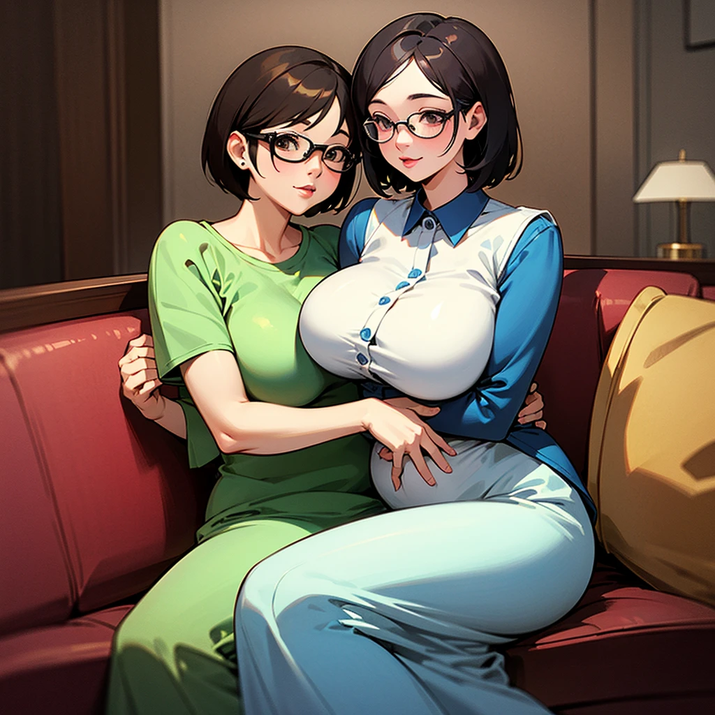 2heads, a short fat woman with 2 heads. She has enormous breasts. She is wearing a low-cut baggy fuzzy sweater. She is sitting on a couch in a living room with a window. She looks short and fat. She has enormous breasts. She has messy hair. She looks happy. She is blushing. She looks playful. She looks young. Her breasts are huge and fat. She looks nerdy. Her enormous breasts are falling out of her sweater. She is blushing. She is showing off her breasts.