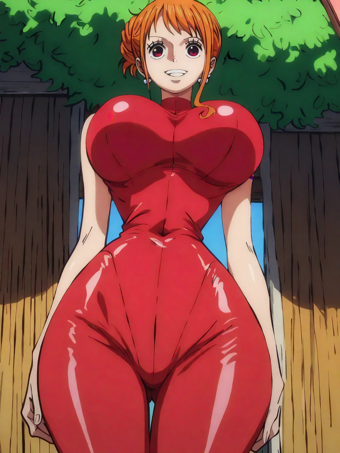 Masterpiece, best quality, love live style,rin Hoshizora, orange hair, yellow eyes, (makeup, mascara:1.1), (shiny glossy translucent clothing:1.1), (busty:1.1) , (chubby:0.1),(backlight:1.1), (pink tight crop top),halter neck ,breasts ,elbow gloves, (pink latex leggings), in jungle , (standing), earrings , blushing , embarrassed , solo, pussy 