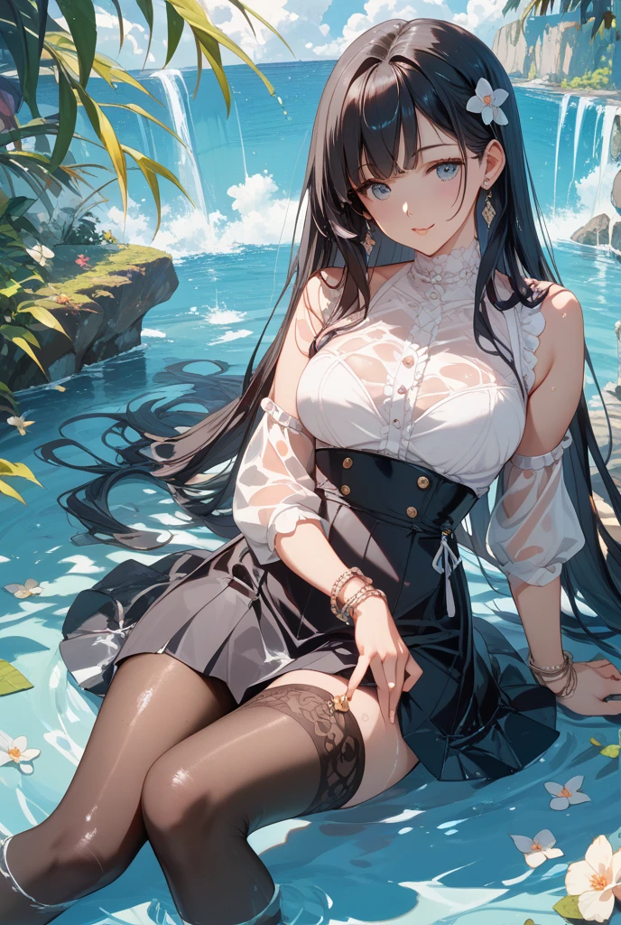 Stone corridor outside the cliff,Vista of an artificial lake,Heavy rainy days,lacepantyhose,black long hair,gigantic cleavage breasts,sit on chair,Full body like, Straighten your legs,Miniature swimsuit,No shoes,Corridor edge,Gaze at the view outside,Heavy rain