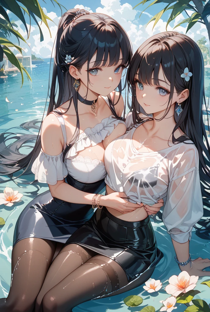 highest quality、High resolution、Detailed Background、(Beautiful face in every detail:1.4)、Anatomically correct、(Hide your fingers:1.3)、(Detailed facial expressions)、(Detailed eyes:1.2)、(Detailed eyes:1.2)、Beautiful women in their 20s、(Highly detailed face:1.4)、Black Hair、Brown Hair、well-groomed eyebrows、(Huge breasts:1.2)、Bobcut、Long Hair、Hairstyles that add waves and curls、Cute hairstyle、Cute Eye Makeup、Cute Lip Makeup、Perfect body line、

(Two beautiful women spending time in an elegant and extraordinary space:1.5)、

Wide々Sitting on the private terrace of the villa、Spend some time relaxing、With a cool drink in hand、The way she relaxes elegantly is wonderful.、While looking at the beautiful scenery、Enjoy a conversation with your partner、

Walking along the private beach、Enjoy the view illuminated by the setting sun、Walking along the beach, holding hands、Spend time alone with your partner、Enjoy a cocktail at the beachside bar、watch the sunset、

Overlooking the blue ocean of Miyako、Resort with private beach、The rooms have wide ocean views.々Villa type、Spa and Fitness、Fully equipped with various water activities、High-class service and delicious food are a big hit、

A summer dress with an off-the-shoulder design gives a cool feeling、
Elegant materials such as silk and chiffon create a luxurious feel.、
The medium length and A-line silhouette are cute and mature.