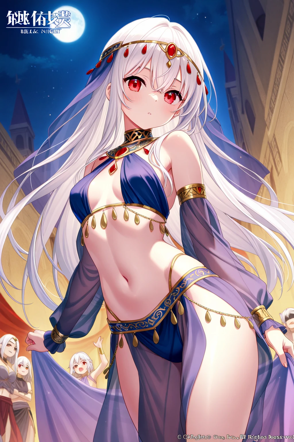 NSFW,masterpiece,Highest quality,High resolution,Very detailed,Girl,Silver Hair,long hair,Golden Eyes,Small breasts,Short height,goddess,A dazzling silk long dress,Arabia,gem,Decoration,Temple of the Night,altar,Your sleeping quarters,Starry Sky,Ancient,Seduce,Sexy pose,Lustful face