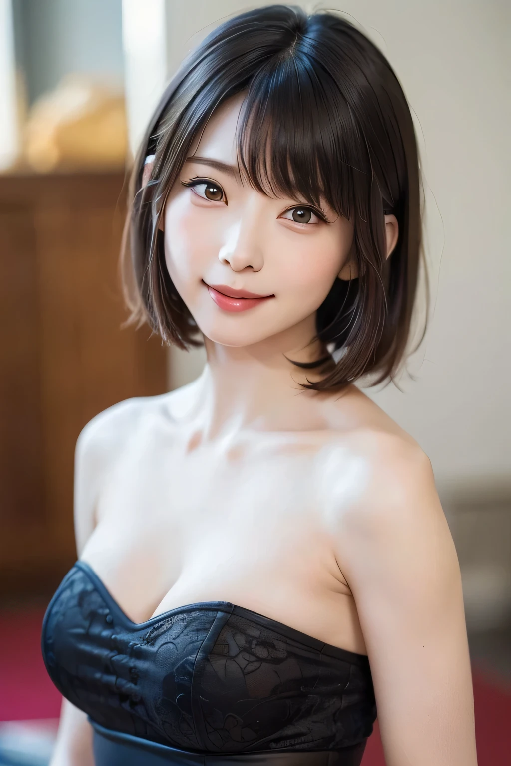 Highest quality, masterpiece, (Realistic: 1.4), One Woman, Golden Ratio, Perfect Face, Beautiful appearance, Pretty face, Face close-up, Short Bob, short hair, smile from Different Angles, smile, Gloss, highlight, Glossy on Skin, Glossy on Skin, Wet Skin, Wet, bangs, Cute smile, bust, Off the shoulder, Refreshing charm, Full of elegance, smile from perfect hand angle, smile, Gloss, highlight, Glossy skin, bangs, bust, big, 暖かいOff the shoulder, Refreshing charm, Ear clearing, Looking into the camera, Pose from different angles