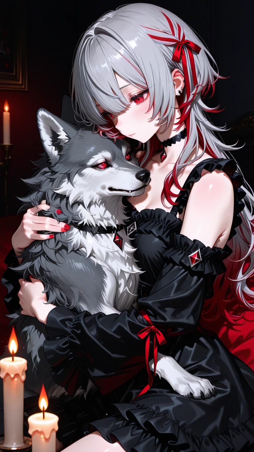 Photo of vampire elf in her castle and her pet wolf, Delicate and beautiful female elf vampire (Ultra detailed, Masterpiece, Best quality), full bodyesbian, hyperdetailed face (Ultra detailed, Masterpiece, Best quality), gray colored skin, blond hairbl, hair in a ponytail, Long hair, Blue eyes, Cold eyes, Glowing eyes, Intense, Small pointed ears with eyes, Smirking, A smile dripping with blood on his face (Ultra detailed, Masterpiece, Best quality), dark red lips, [Vampire fangs], wears a white dress (Ultra detailed, Masterpiece, Best quality), dark  blue cloak, High heeled boots in the dark fantasy library, With a big bad wolf (Masterpiece, Best quality) bookshelves, High details, Best quality, 8K, [Ultra detailed], Masterpiece, Best quality, (Ultra detailed), full bodyesbian, super wide shot, Photorealism, primitive, dark fantasy art, Moonlight shines through the windows, rays of moonlight, Gothic art, Feelings of fear, Sense of seduction