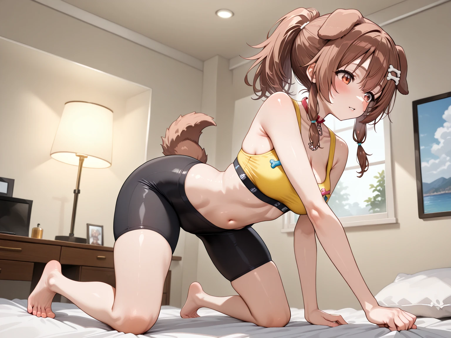 best quality, best resolution, (fluffy anthro furry), golden retriever girl, brown hair, curly hair, (light yellow fur), medium breasts, thick thighs, fat ass, (tight pure darkblue one piece swimsuit covering ass, swimsuit is tearing and ripping apart in ass and waist area), standing in water, bent over edge, indoor schoolpool, wet, ass, shocked