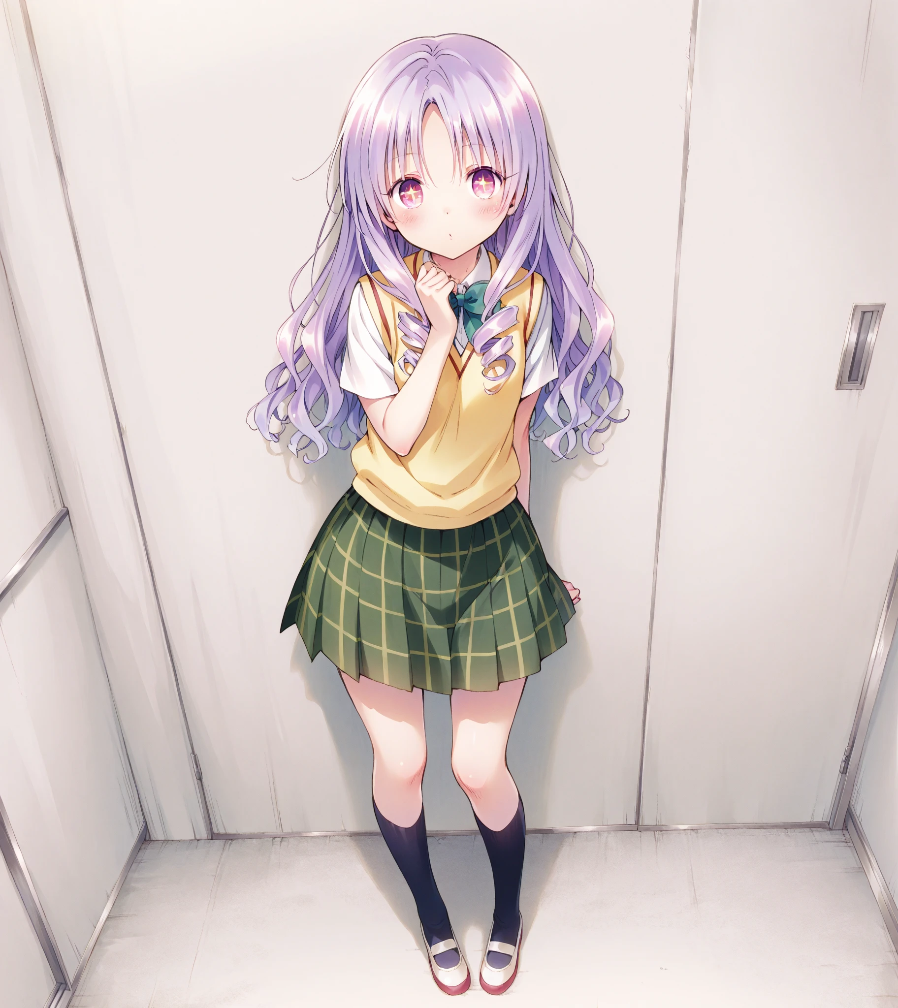 Long silver hair, green eyes, headband, necklace, small, smile, happy, sueter, hood, mini skirt, beautiful thighs, Inside the house, Randoseru, schoolbag