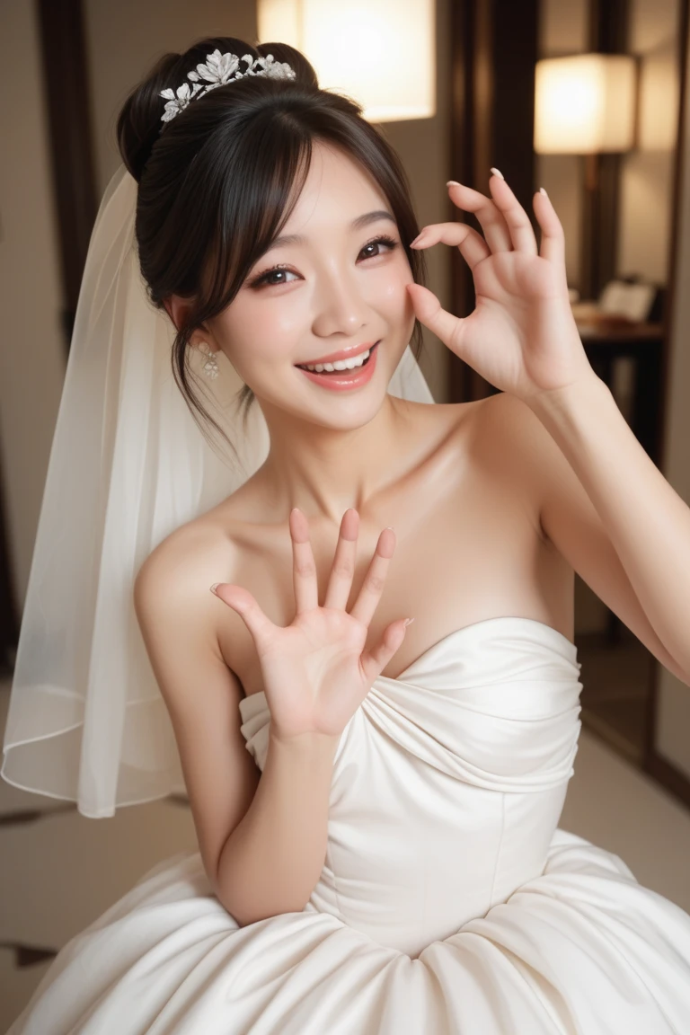(highest quality, Tabletop:1.2), (Realistic:1.3), (Very Detailed Background, Detailed Background), Bokeh, ((Very large breasts bigger than a face:1.93)), ((Tense cleavage)),(Belleline Wedding Dresses:1.3),Bridal Tiara, show, Bridal Veil, Bridal Gauntlet, bridal cascade bouquet, Upper Body, Church wedding, The skirt is round and wide, One Girl, 30th Generation, cute,smile, Dynamic Angle
