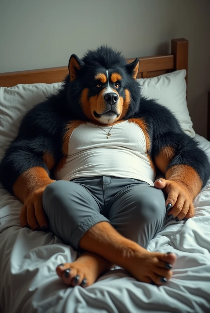 there is a fat werewolf laying on a bed with his legs up, his legs spread apart, long shot from back, bear legs, photo taken from behind, picture from behind, bum, long shot from the back, legs spread, detailed shot legs-up, photo from behind, viewed from behind, seen from behind, view from behind, view from the back, (nsfw) not safe for work