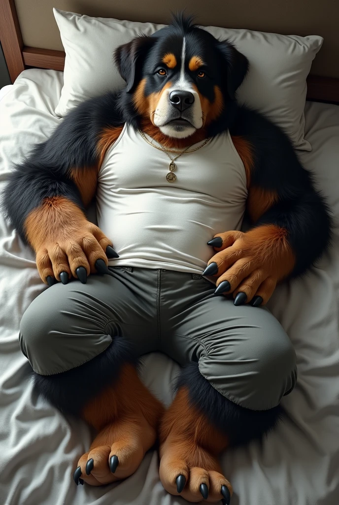 furry art, masterpiece, great anatomy, black fur, fluffy tail, muscular, large pecs, t-shirt, fluffy fur, anthropomorphic, wolf, white blindfold