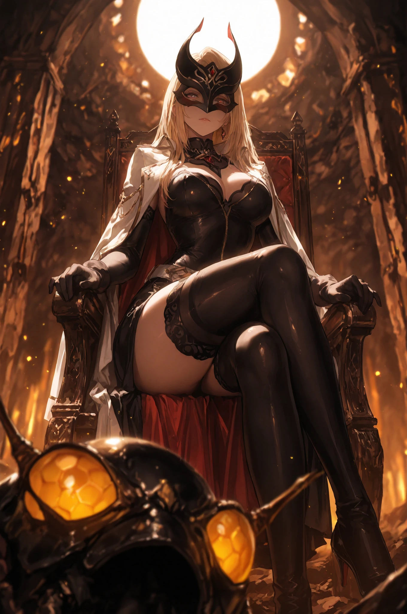 ((best quality)), ((masterpiece)), (detailed), perfect face, ((Big tits)), asian girl, ((venom outfit)), stocking, venom, beautyful face, ((stocking)), ((she wearing a red mask)), high heels, ((she wearing a black hood)), ((blonde straight hair)), ((she is sitting cross-legged on a chair)), full body, ((detailed eyes)), venom background, ((spiderman venom))