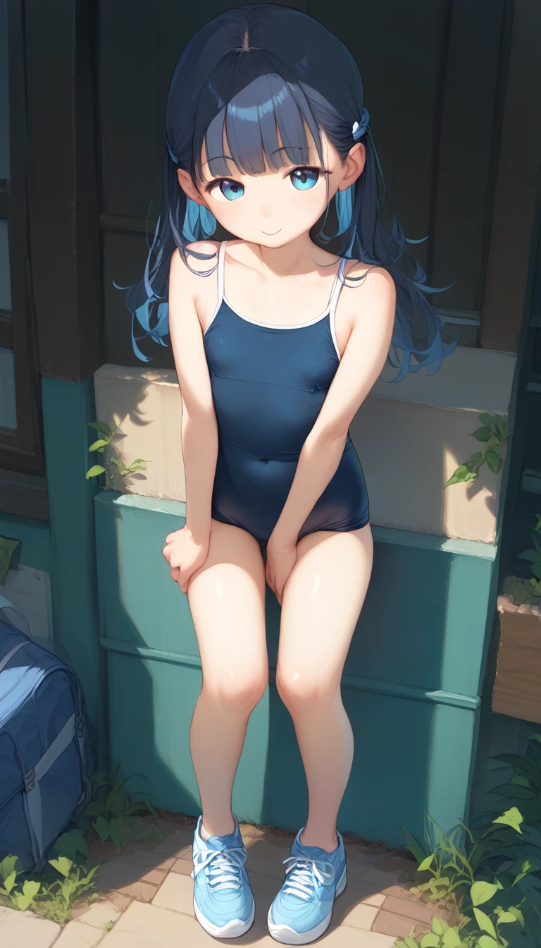 small breasted girl, short, elementary school student, blue hair, single braid, blue eyes, round eyes, shy, shy, , short, young face, short height, , glasses with no edges, flat chest, night, in the pool， , (Naked: 1.5)，nipples are visible，pussy are visible，
