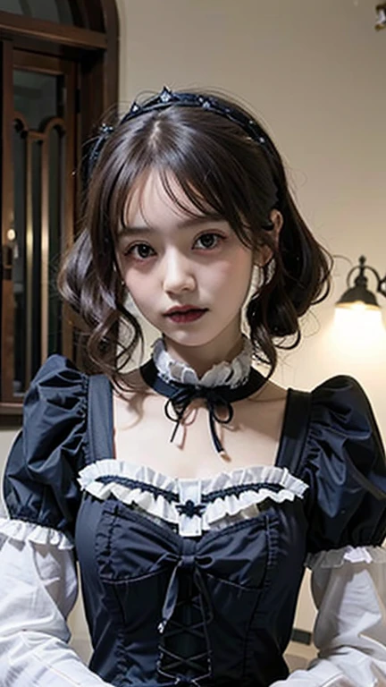 (masterpiece, best quality, close up face:1.6), (side shot:1.2), beautiful girl, gardeniass, elegance pose, 8k, 50mm portrait, raw photo, absurdres, (lolitagothic, victorian, black big ribbon:1.2), black dress, from above, delicate girl, 14yo, large breasts, (thin arms, very thin waist:1.2), angry, arch back, DSLR, lens flare, shiny skin, facelight, cinematic lighting, clear lighting, film grain, chromatic aberration, (dark room, dark background:1.5), simple background