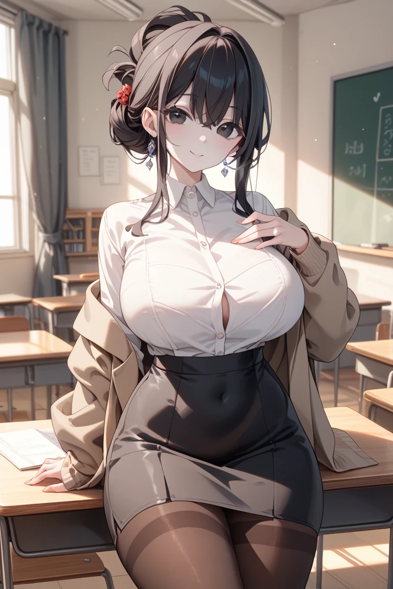 Short black hair and dark eyes、primary school student, girl、Huge Breasts、Smile、、knitted cardigan、There are bright spots around the eyes、cute hairpin、I can see the whole body、School,Nipple showing