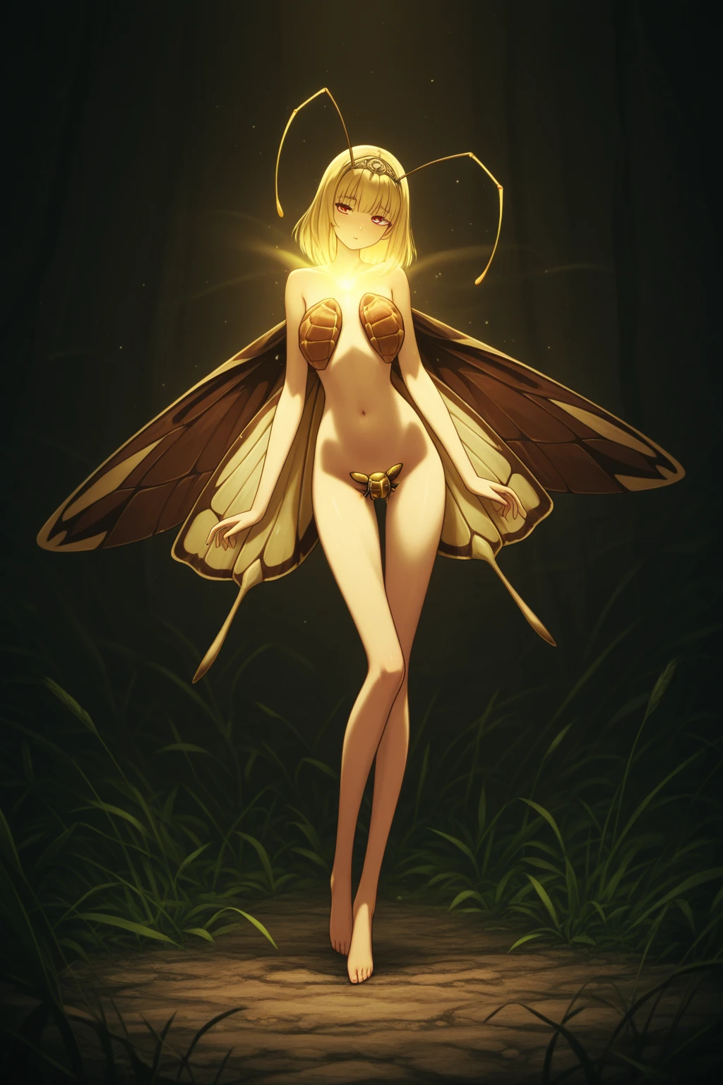 This creature, product of the fusion of two worlds, represents beauty and adaptation at its finest. a wasp woman, a goddess of nature, a muse of exobiology.

intricate details:

    fur: Your skin, besides being tanned and soft, presents a series of small iridescent scales that change color with light, like those of some reptiles.
    Eyes: Its amber eyes have a vertical pupil, similar to that of cats, that adapts to the dim light of the forest.
    Alas: The golden veins of its wings, besides being beautiful, They have a vital function: They conduct small energy channels that allow you to regulate your body temperature.
    Antennas: The wasp woman&#39;s antennae not only detect changes in the air, They can also emit small pheromones to communicate with other creatures..
    abdomen: The segmented rings of its abdomen, in addition to giving flexibility, They allow you to store small amounts of nectar and pollen, which is used as a source of energy.