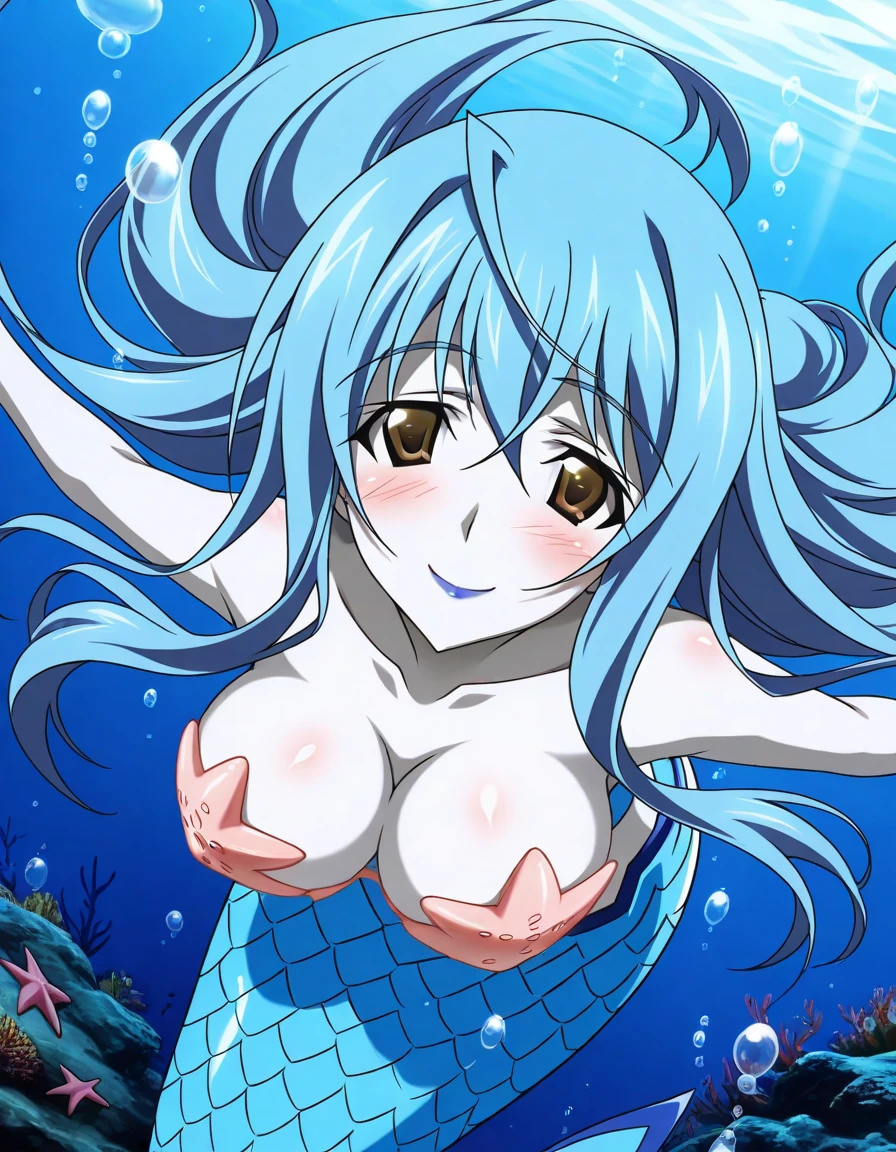 1girl, made of slime, turquoise smile, curvy body, blushing, shy yet happy, turquoise eyes, anime