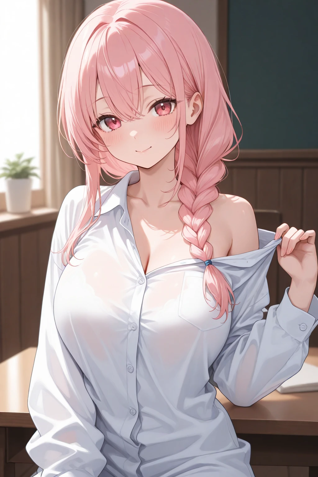 Masterpiece, stunning realistic, best quality, sharpness, 1 girl,sakura haruno,(school uniform:1.1),(both arms behind her head:1),medium breasts,White shirt,(rote krawatte:1),blazer,kurzer stoff rock, pink hair, green eyes, forehead mark, standing in a school,(shirt lift:1),shirt lift and pants pull,lace bra,skinny fit,from above,bend over, on knees.