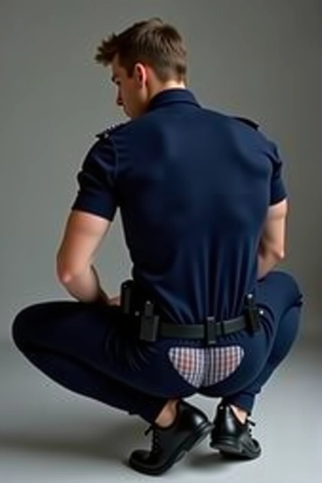 40-year-old boy ,Japanese Kenta bulky male officer, facial hair bearded, ((navy military shirt,  gear tactical gear)) , ((unrealistic super big tight butt wearing navy green color underwear)), turn back to look at the camera, squatting on the ground. in a army base
