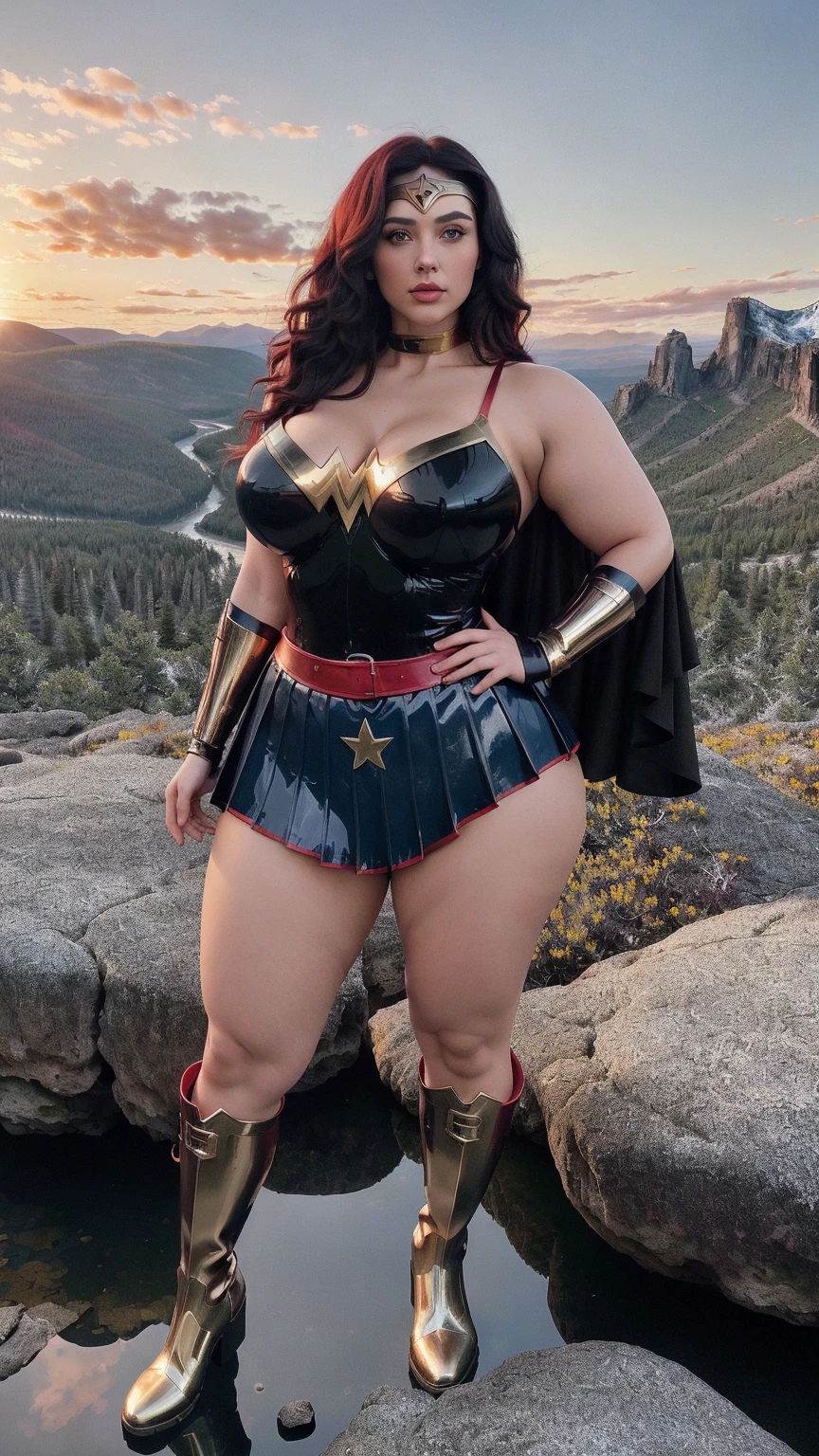 paralyzed bbw wonderwoman, legs and arms separated, full body, tight waist, long boots, bbw
