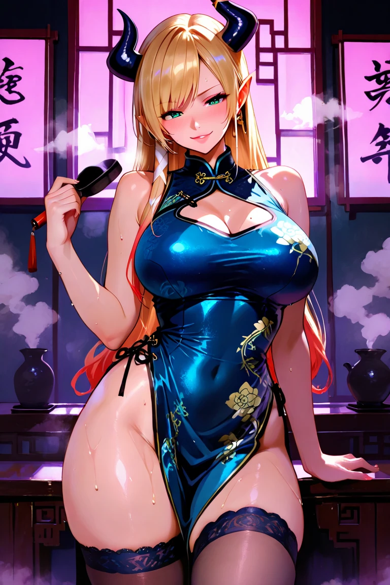 masterpiece, Highest quality, In detail, High resolution, Very delicate and beautiful, Volumetric lighting, Best Shadow, Shallow depth of field, One girl, blonde, (Huge breasts), Double Hair Bun, (China dress), (Cleavage), Pelvic Curtain, (Wide Hips)