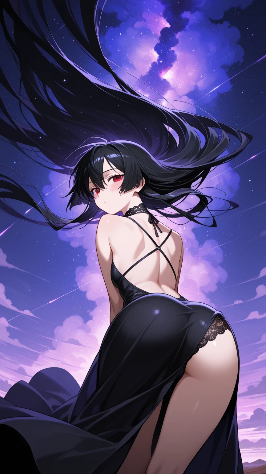 masterpiece, best quality, very aesthetic, absurdres, 1girl, beautiful face, slant eyes, blunt bangs, black violet hair, shaggy hair, straight hair, full bust, glamorous, bikini, anime artwork, highly detailed, cowboy shot, back view, looking at viewer