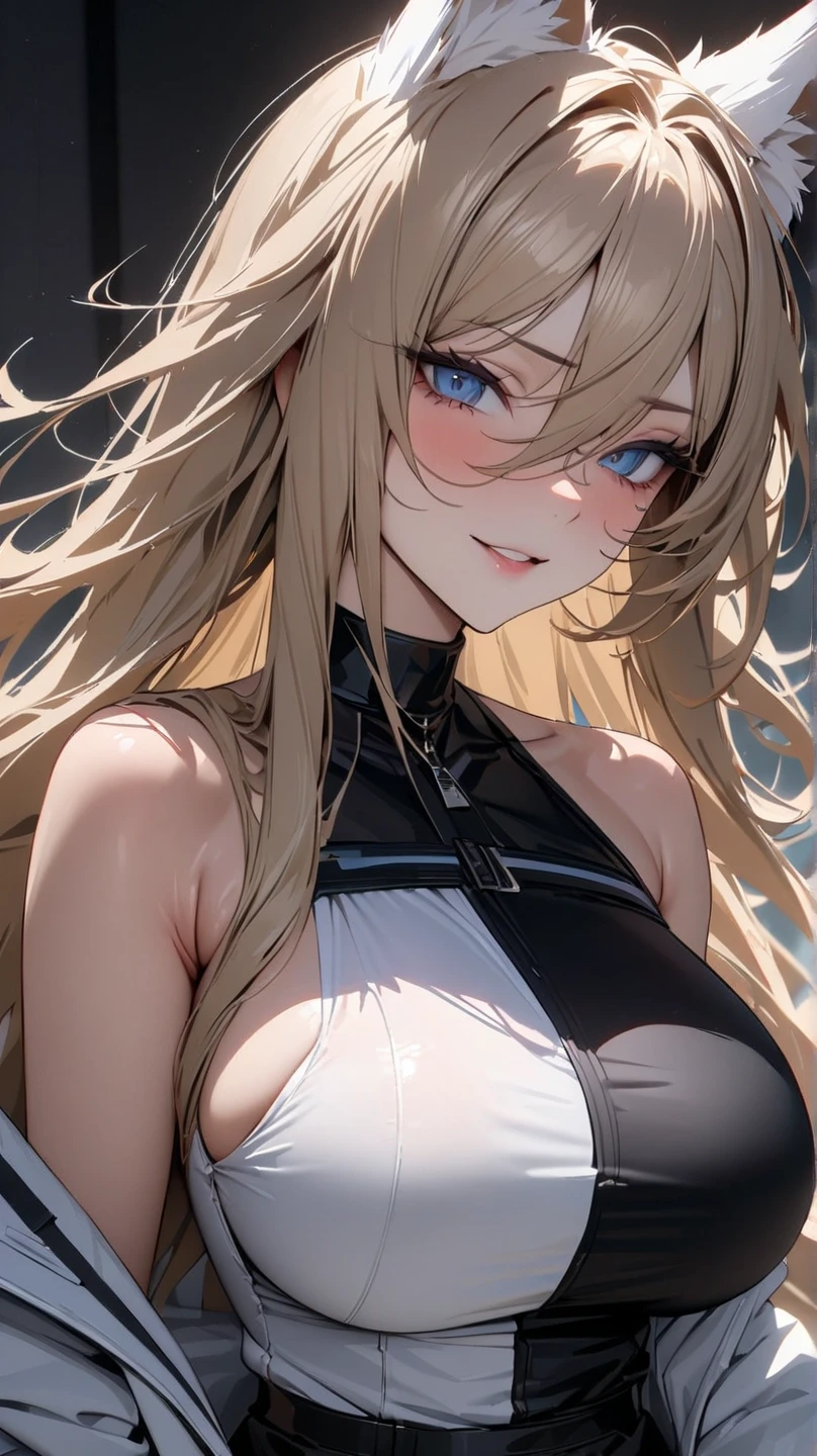 Pale beautiful young woman、Amused beautiful、slim and angular face、pointed chin、Feminine and big eyes、realisitic、ighly detailed、Large accentuated chest、Contrasty、Textured skin、 cold skin pores、face perfect、red blush、High small nose、Tear mole、Oblique 45 degrees、length hair、Light brown eyes、Sweet smell、Dynamism、Thrilling、Fluffy breasts、Luxury、Tank top with a small fabric area、hotpants、fishnet tights、Touching the chest