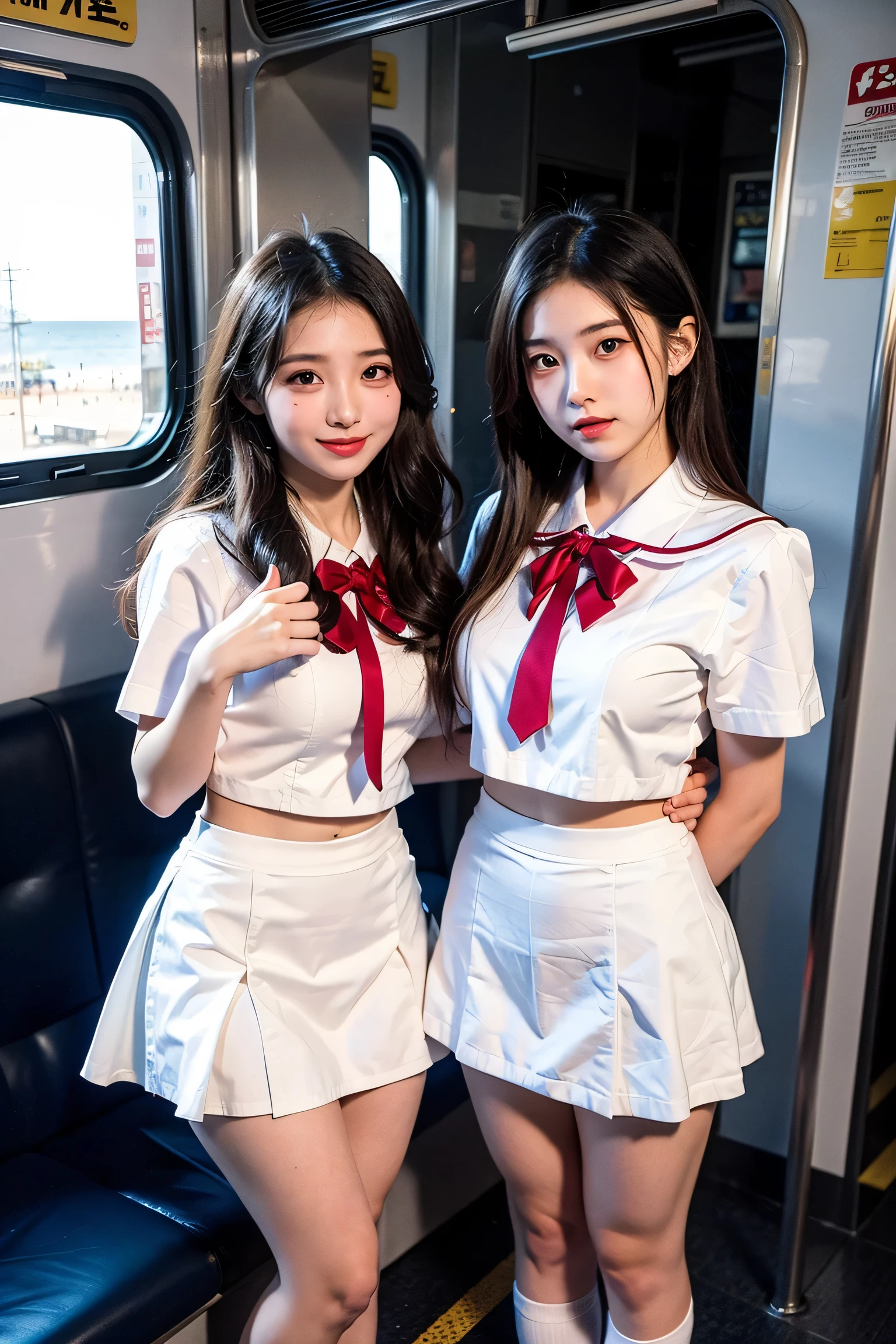 ((((Highest quality))))、(((Ultra-precision CG16K wallpaper)))、(((masterpiece)))、(((Very detailed)))、(((Attention to detail)))、(((((k-popのIVEのWONYOUNGにそっくりの女の子:1.9)))))、((Straight medium hair、Blunt bangs:1.5))、((16-year-old high school girl))、cute、((Slim figure:1.5))、((Thin legs:1.5))、((Thin hands:1.5))、((tall:1.5))、((Thin thighs:1.5))、((Long legs:1.5))、((Long hands:1.3))、((Height 173cm:1.7))、((The ratio of inseam to height is more than half:1.7))、((Model Body Type:1.5))、(Shiny brown hair)、(Red tie)、beautiful delicate brown eyes、eyeliner、eye shadow、High nose、Small nostrils、Small Mouth、Seductive lips、beautiful breasts、((C cup size breasts))、Cleavage、Voluptuous body、eight-headed body、Perfect proportions、Perfect Anatomy、Perfect composition、beautiful detailed shading、beautiful, Natural light、beautiful detail glow、Written boundary depth、(((High chroma)))、(((Genuine:1.9)))、((Vivid:1.5))、((beautiful Skin))、((Skin Texture))、((Genuineな皮膚感))、(((Full Body Shot:1.6)))、((Front view、Front Low Angle:1.6))、(((Confused face:1.4)))、(Woman is facing the front:1.6)、Bright sunlight、Natural light、(((Sitting with legs spread on a train seat:1.8)))、(Spread leg sitting position:1.6)、(((High school girl in sailor suit:1.7)))、((Earrings、Wearing a hair band:1.3))、(((Short white socks that reach to the ankles、loafers:1.6)))、(((Full Body Shot:1.7)))、cute、((Slim figure))、((Thin legs:1.3))、((Thin hands:1.3))、((tall:1.6))、((Thin thighs:1.3))、((Long legs:1.7))、((Long hands:1.3))、((Height 173cm:1.7))、(((Anatomically correct:1.8)))、((k-popのIVEのWONYOUNGにそっくりの女の子:1.7))、((The ratio of inseam to height is more than half:1.7))