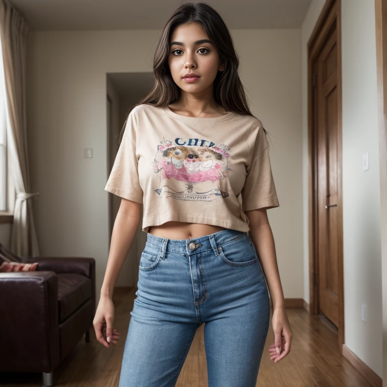 Jovem mulher negra de cabelo crespo vestindo calca jeans e uma blusa azul sem decote e sentada na sala de estar ao lado de uma arvore de nada. Fundo luzes piscando.