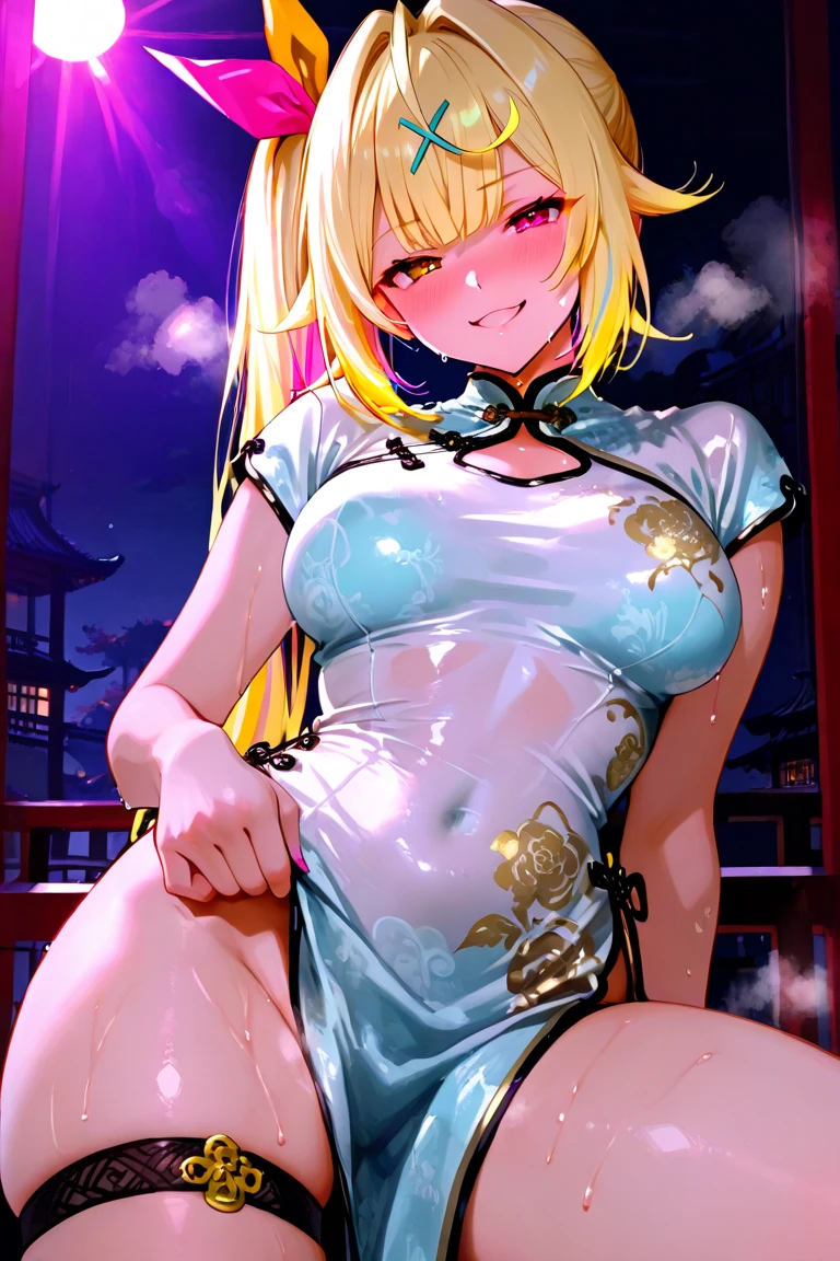 masutepiece, Best Quality, 8K resolution, Sharp Focus, intricate detailes, Beautiful Girl, Sparkling eyes, Golden Ratio Face, Otherworldly liquid, watercolor paiting, Pastel colors, Bright colors, capricious, Colorful, Sharp Focus, High resolution, Fine detail, ((Layered Tiered Puffy Long Sleeve Ball Gown)), ((Round eyes)), Iridescent bubbles, Fantasia background、Cute blonde haired girl wearing a wavy headband、I&#39;m sitting naked with my legs spread wide.。, showing her butt, anus, , and small nipples.。I do not wear underwear。Pose seen from below。are small。Pose that shows your anus。 and anus are spread。Spreading legs with both hands。take off the apron dress。Putting a  in the anus、。NSFW、