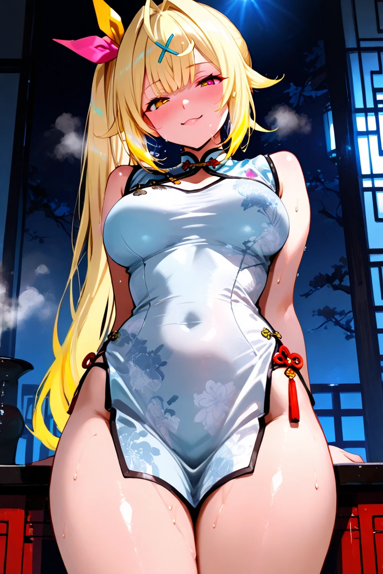Blonde hair and blue eyes　Long Hair　Elf　Big Breasts　naked　Wet　Inside the house　Embarrassing　Erotic　blush　Large Breasts　Beauty　cute　Highest quality　Raise your hand　Tied up with a string