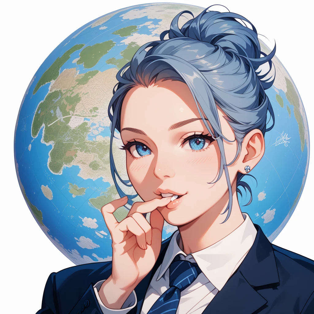 Cropped Blazer,
Blue hair,
Layered haircut,
Flared pants,
rubenesque, pinup,
cowboy shot, standing , in a retro-futuristic setting, atompunk style, golden orb,
white background, blank background,, (Extremely Detailed Oil Painting:1.2), glow effects, godrays, Hand drawn, render, 8k, octane render, cinema 4d, blender, dark, atmospheric 4k ultra detailed, cinematic sensual, Sharp focus, humorous illustration, big depth of field, Masterpiece, colors, 3d octane render, 4k, concept art, trending on artstation, hyperrealistic, Vivid colors, extremely detailed CG unity 8k wallpaper, trending on ArtStation, trending on CGSociety, Intricate, High Detail, dramatic, absurdes