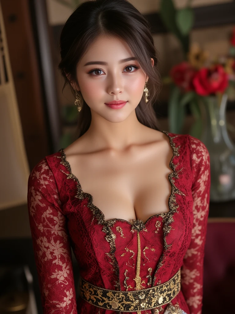 (1girl), Updo hairstyle, Princess, Extremely cute face, Amazing face and eyes, (Highly detailed eyes, Highly detailed face), fresh, Very clean appearance, (Hyper-realistic, hight resolution), (Best Quality:1.4), (hyper quality), Authentic skin texture, Raw photo, (Realistic, Photorealsitic:1.37), highly detailed, Professional Photography, (beautiful lace red dress:1.5), (lace red dress with open front), (cleavage:1.2), (Bare shoulders), Smile slightly, (Staring at me), luxurious tiara, luxury accessories, necklaces and earrings, (luxury living room:1.3), girl portrait,