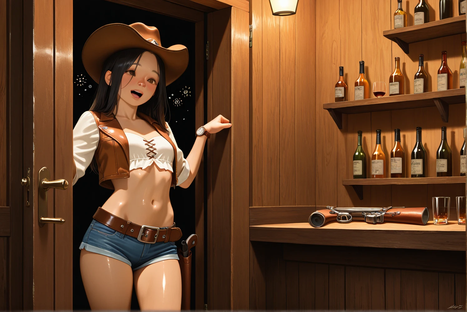 (((One beautiful woman:2.0))),(((NSFW:1.5))),((Nude:2.0))),(((Wearing a gun belt with a holster on his waist:1.8))),((Wear a watch on your wrist:1.9))),(((Showing cleavage))),(((Exposed thin inner thighs))),(((Small breasts:1.5))),(((Bare arms))),((Blushed:1.5)), Beautiful detailed girl, Very detailed目と顔, 緻密でBeautiful Eyes, Very detailed, High resolution, Highest quality, masterpiece, Very detailed, 8k wallpaper, wonderful, finely, Highest quality,(Standing in front of a wooden wall),Beautiful Eyes,((Engage your audience:1.2)),((Cowboy Shot:1.0))),(((Photograph the whole body:1.7))),((Drinking whiskey:1.4)),(((Place your hands on your chest:1.5))),(((Drunk,Strong hiccups:1.8))),(((Crying face:1.8))),(((Are standing:1.2)))