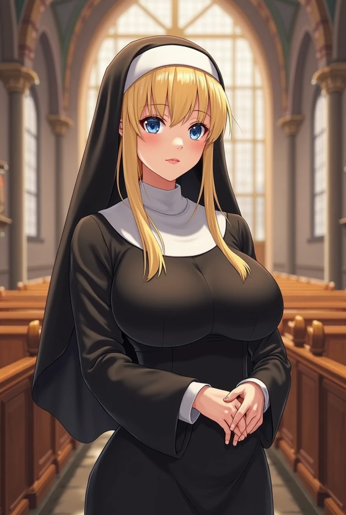 (best quality, masterpiece), necklace, Large Breasts, nun, Blonde hair, Hair between the eyes, own hands, sitting,黑色nun服,In the church,pose for love,see-throgh clothing,red nipples
