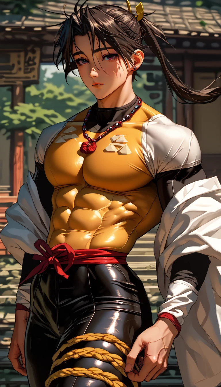 Handsome man ,Roleplaying、Small eyes、Long hair tied up、Fantasy style clothing、Yellow clothes、wearing a long yellow bandana、Black Hair、belly button、Small size of clothes
