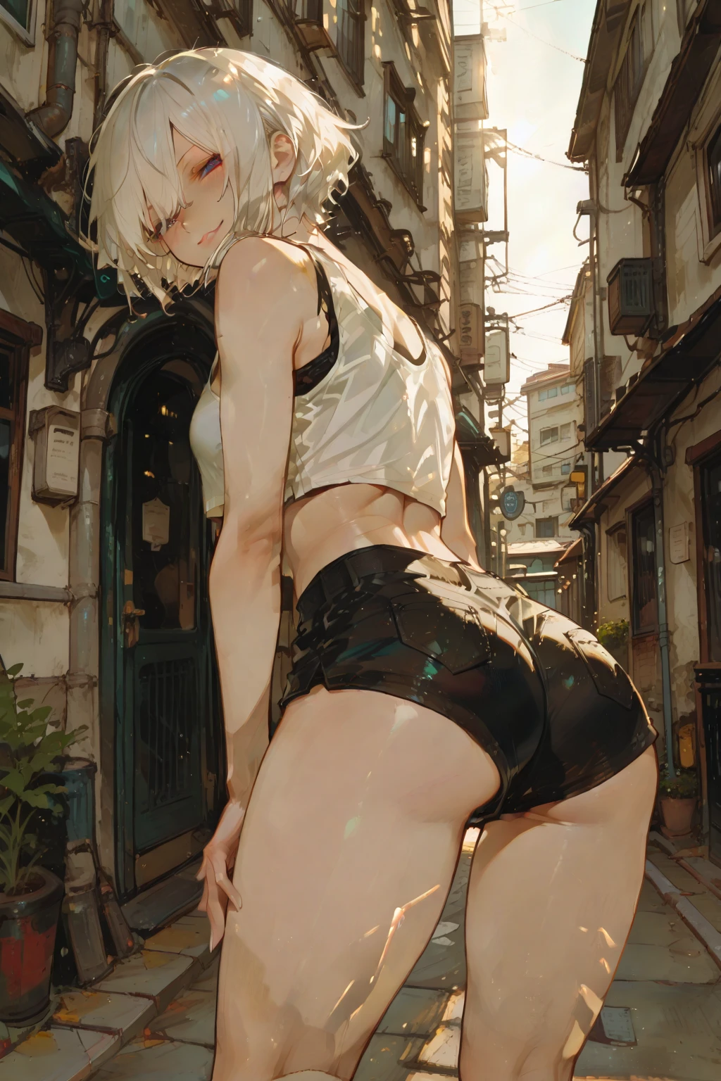 「Towering giant in cool tight white translucent micro bikini、Her toned athletic physique is、Suggests her enormous strength。It seems that you are casually strolling through the bustling streets of GTS City with towering buildings looming overhead。Smoke and clouds raged around her、Adds to the sense of epic scale and drama。The lights are dim、darkly、with a realistic、It creates an ominous atmosphere with tension。The perspective is from below.、Emphasizes the majesty and power of the giant。」ultra wide lens、dynamicposes、jamping、Red high heels、Strapless underwear、Camel toe、8k full-length portraits、physically-based renderingt、