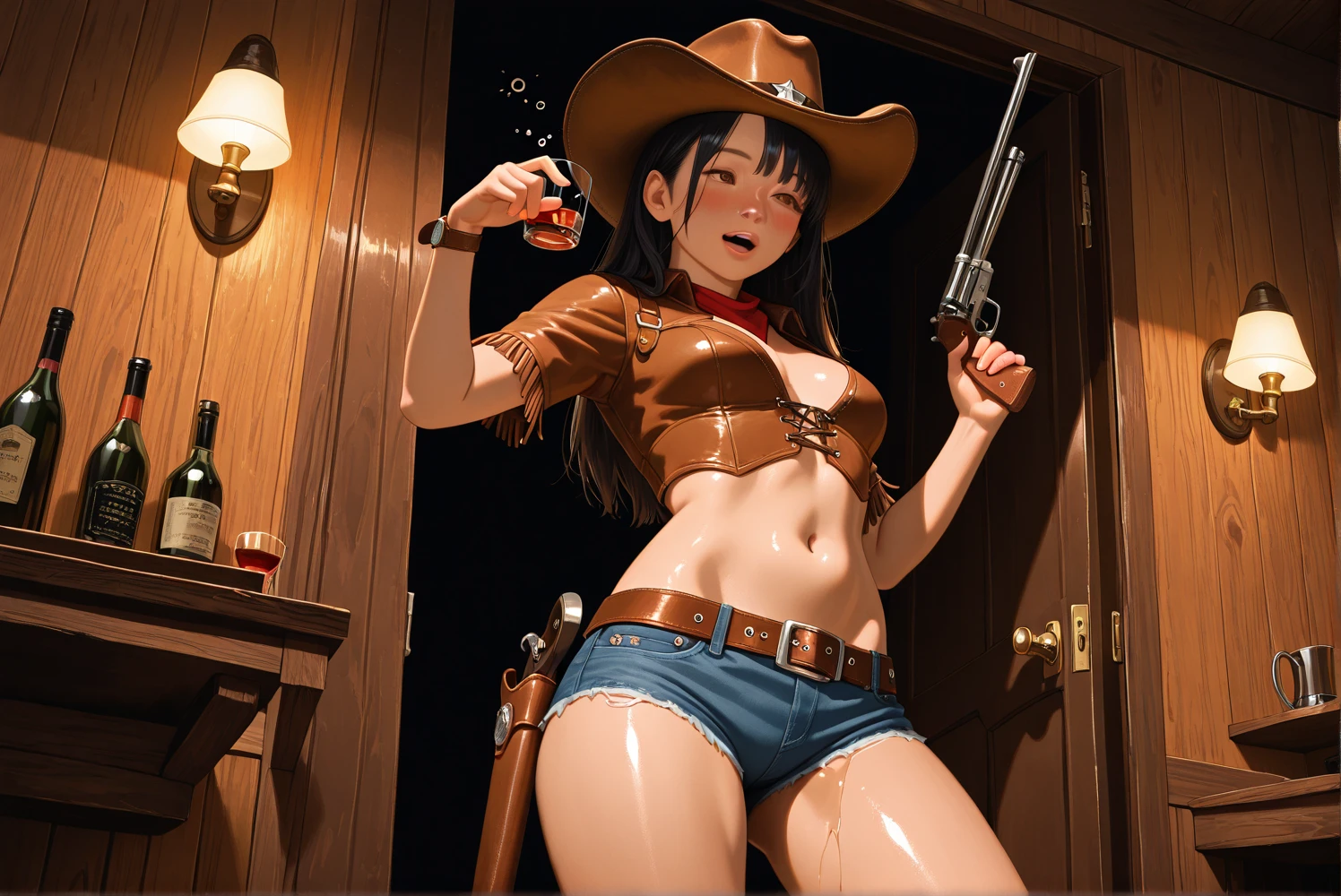 (((1 person:2.0))),(((NSFW:1.8))),((Nude:1.8))),(((naked:1.8))),(((Slim body:1.8))),(((Brown gun belt with holster:2.0))),((Brown cowboy hat:1.8)),((Wear a metal watch on your wrist:1.8))),(((Showing cleavage))),(((Exposed thin inner thighs))),(((Small breasts:1.5))),(((nakedの腕))),(((Her hair is brown))),((Blushed:1.2)), Beautiful detailed girl, Very detailed目と顔, 緻密でBeautiful Eyes, Very detailed, High resolution, Highest quality, masterpiece, Very detailed, 8k wallpaper, wonderful, finely, Highest quality,(Standing in front of a wooden wall),Beautiful Eyes,((Engage your audience:1.2)),(((Full Body Shot:1.8))),((Are standing:1.2)),((Put your right hand on your chest:1.2)),((Whiskey in left hand:1.4)),(((Drunk:1.8))),(((Strong hiccups:1.9)))