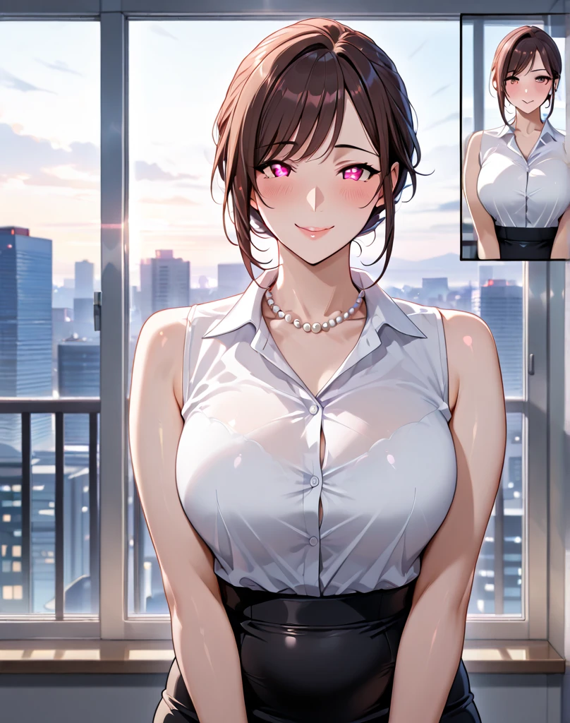 solo, seated, leaning forward, looking at viewer, outdoors, <lora:Su-ah:.8>, su-ah, pink shirt style, crossed arms, angry, collarbone, bare shoulders, cleavage